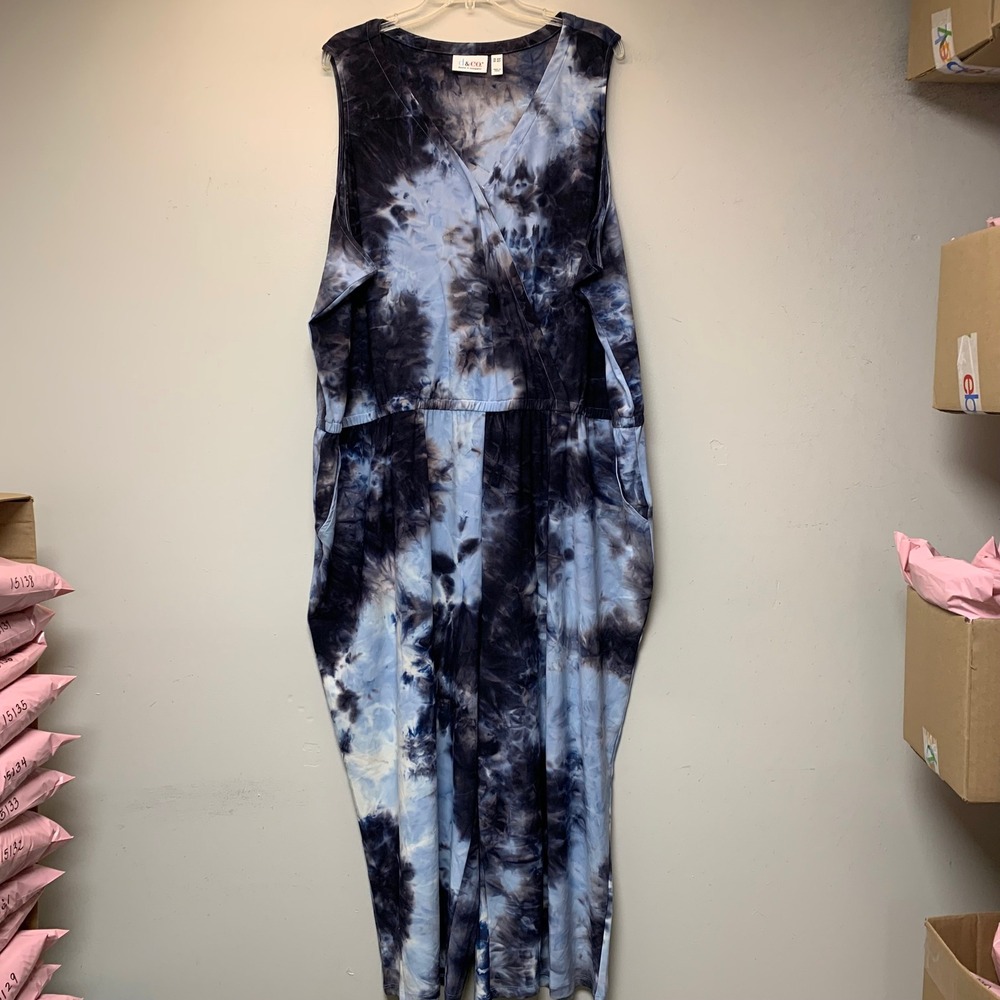 Denim & Co Jumpsuit Womens 3XP Blue Tie Dye Excellent Sleeveless V-Neck 15139